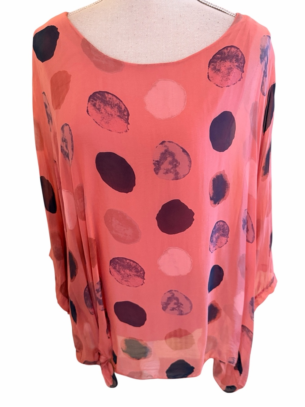 Moda Italy Coral Polka Dot Sheer Draped Blouse O/S